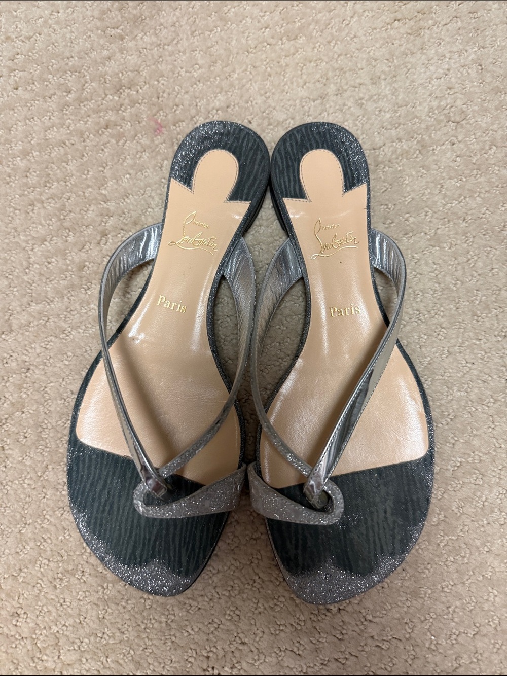 Christian Louboutin Gunmetal Glitter Thong Sandals